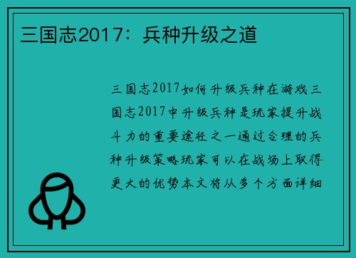三国志2017：兵种升级之道